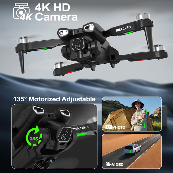 IDEA12 PRO Brushless Drone with 4K Adjustable Dual Camera, 5G WiFi FPV Quadcopter for Adults & Beginners, 40KM/H Foldable Drone with Optical Flow Positioning and 2 Batteries, Gift-Ready Design
